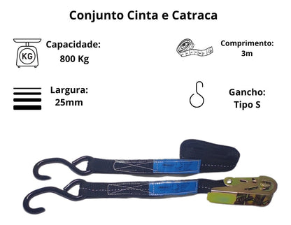 Cinta Catraca Gancho Amarração Carga 800kg 3 Metros