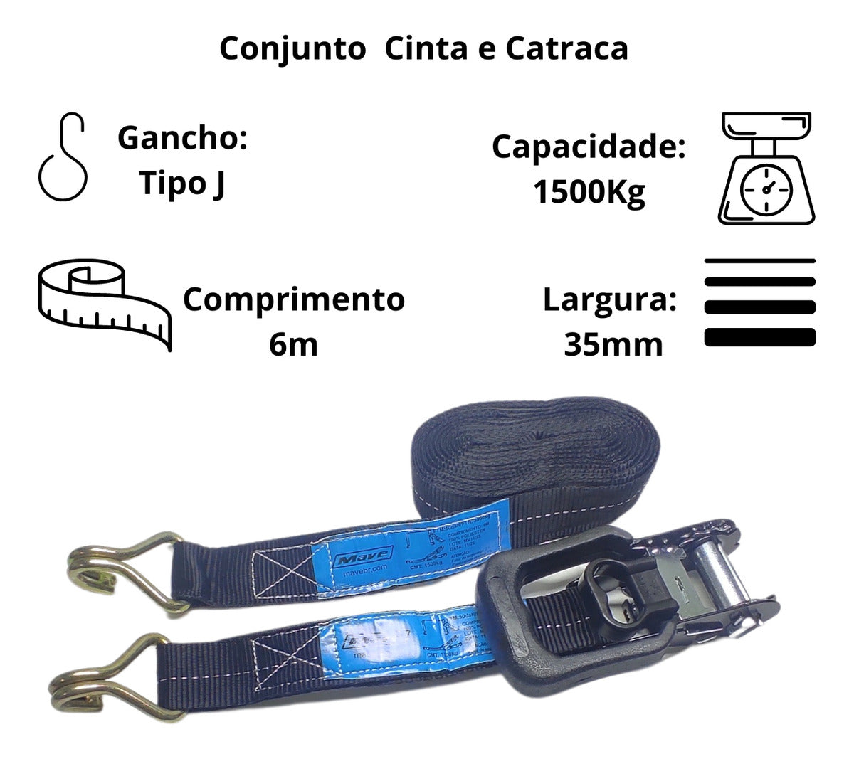 Conjunto Catraca E Cinta 1500kg 35mm 6mts Preta